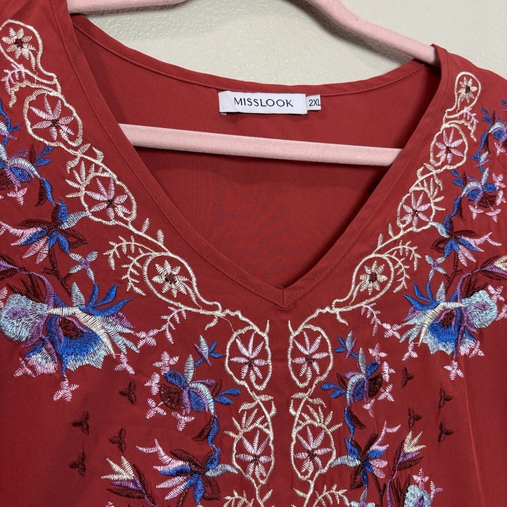 Misslook Floral Embroidered Flutter Sleeve V-Neck Blouse‎ Red/Orange Top 2XL - Picture 4 of 12